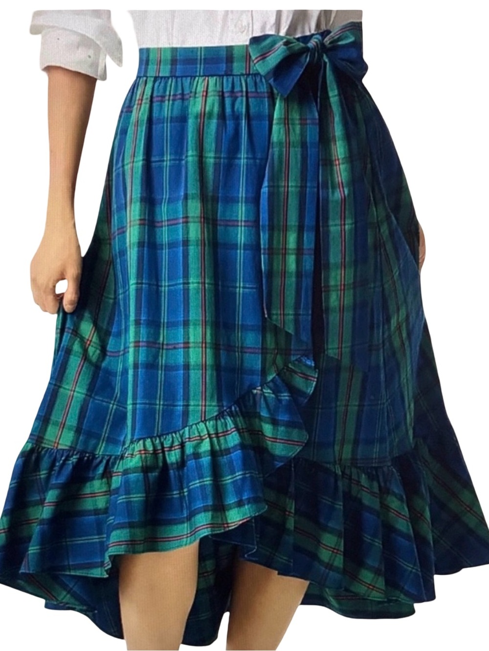 NWT J.Crew Tartan Plaid Wrap Midi Skirt ruffle hi low hem tie waist old money L - Picture 3 of 8